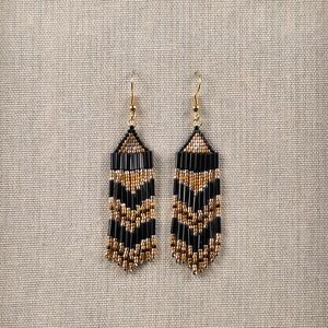 Handmade Delica & Bugle Fringe Earrings Black Gold Silver 18k GP Nickel Free